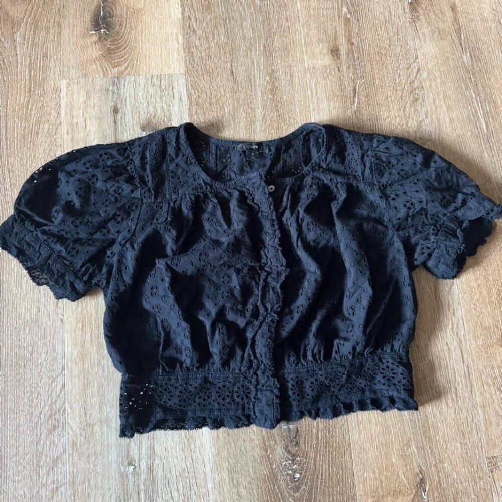 J. Crew Black Button-front Eyelet Cropped Top Size S